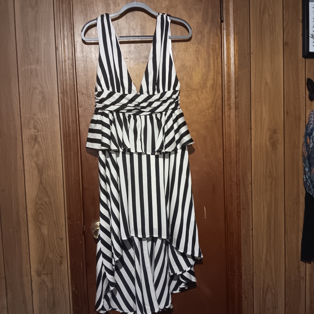 C. Luce Black and White Striped High Low Dress